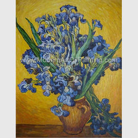 Van Gogh Yang Dilukis dengan Tangan Kustom Irises Dalam Vas Dengan Latar Belakang Kuning