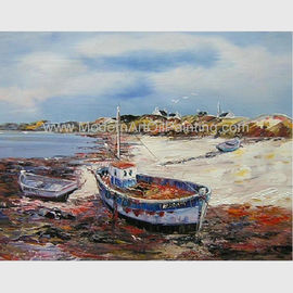 Lukisan Minyak Kapal Nelayan yang Dilukis dengan Tangan, Lukisan Kanvas Abstrak di Pantai